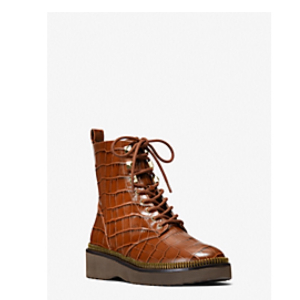 Haskell Crocodile Embossed Leather Combat Boot - chestnut- 8&1/2